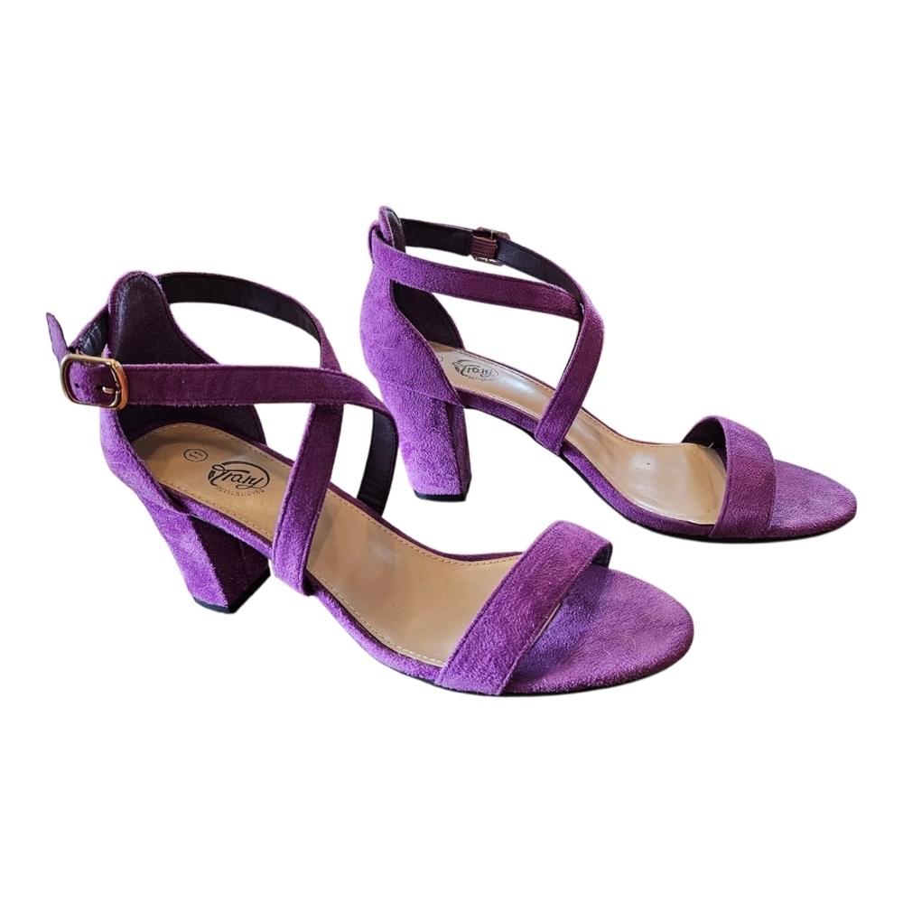 Purple Faux Suede Mule Block Heel Non-Slip Size 11 Strappy Gold Colored Buckle